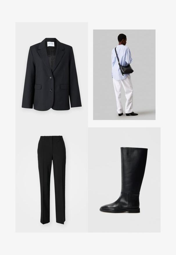 Musta raitapuvuntakki, jossa on rakenteellinen muotoilu, lovitetut läpät, kaksi etutaskua ja yksi napin suljenta. Silkkinen vuori.; Valkoinen lyhythihainen t-paita, leveät lyhyet hihat, pehmeää puuvillamateriaalia, pyöreä pääntie jossa hienovarainen oranssi reunus, minimaalinen muotoilu, ei kuvioita tai graafisia elementtejä.; Mustat räätälöidyt housut suoraa lahjetta, joissa on sileä pinta ja terävät taitteet edessä. Ei näkyvää metalliosaa.; Mustat nahkaiset polvipituiset saappaat, joissa on pyöreä kärki, sileä pinta, minimalistinen muotoilu ja tasapohja. Yksinkertaiset sauman yksityiskohdat varressa.; Musta nahkainen olkalaukku, jossa on pehmeä rakenne, kolmion muoto ja säädettävä hihna, yhdistettynä vaaleansiniseen raidalliseen paitaan ja valkoisiin housuihin.