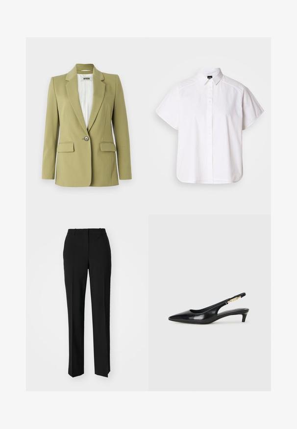 Blazer vert olive en tissu lisse, avec une fermeture à bouton unique, des revers crantés et deux poches avant.; Chemise blanche à manches courtes, à boutons, avec un col pointu et un ourlet arrondi. Fabriquée en coton, elle possède une texture lisse et sans motifs visibles.; Pantalon noir ajusté avec une coupe droite, présentant une texture lisse et des plis nets sur le devant. Aucune quincaillerie visible.; Talons hauts en cuir noir avec un bout pointu, dotés d'un talon fin et d'un accent en ton or sur la lanière réglable. Texture lisse.