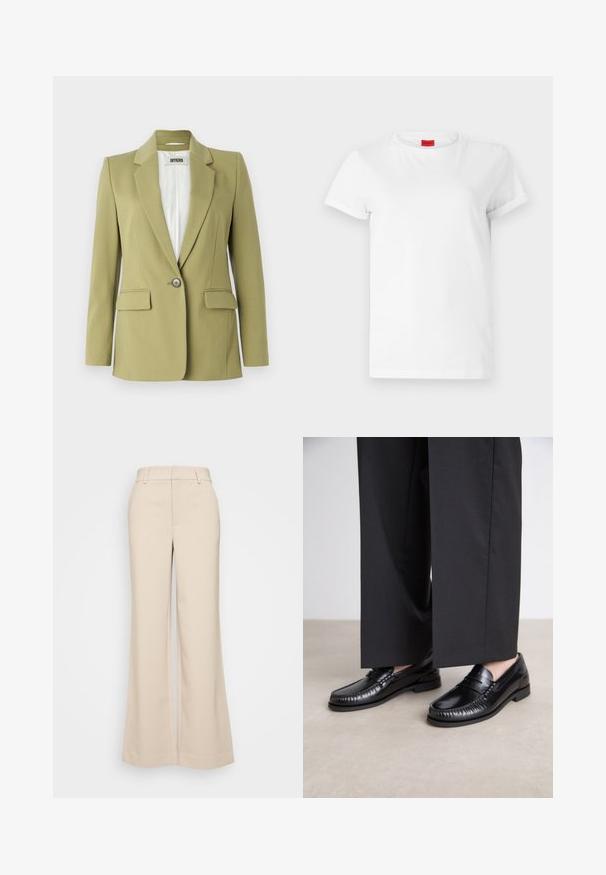 Blazer vert olive en tissu lisse, avec une fermeture à bouton unique, des revers crantés et deux poches avant.; T-shirt blanc à manches courtes en coton léger. Présente un col rond et des manches retroussées. Étiquette logo rouge sur le col.; Pantalons larges beiges avec une texture lisse, dotés d'une taille haute et de deux poches avant. Design épuré avec une coupe ajustée.; Mocassins en cuir noir avec une finition lisse, descoutures autour de l'orteil et une semelle en caoutchouc basse. Assortis à un pantalon large noir.