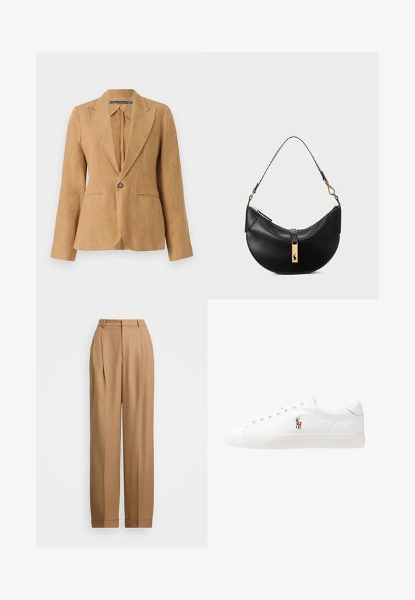 Blazer en lin beige avec une fermeture à un bouton, des revers notés, des manches longues et deux poches frontales. Tissu texturé et coupe cintrée.; Chemise boutonnée bleu clair à manches longues avec un col blanc contrastant. Présente une texture lisse et cinq boutons à l'avant.; Pantalons beige sur mesure avec une taille haute, une devant plissé, des jambes fuselées et des ourlets roulés. Tissu lisse avec une texture raffinée.; Baskets en cuir blanc, design bas, avec une texture lisse, bout rond, lacets à l'avant et un petit logo brodé sur le côté.; Sac à main en cuir noir en forme de demi-lune. Doté d'un accent en métal doré et d'une sangle étroite. Texture lisse, fermeture éclair sur le dessus.