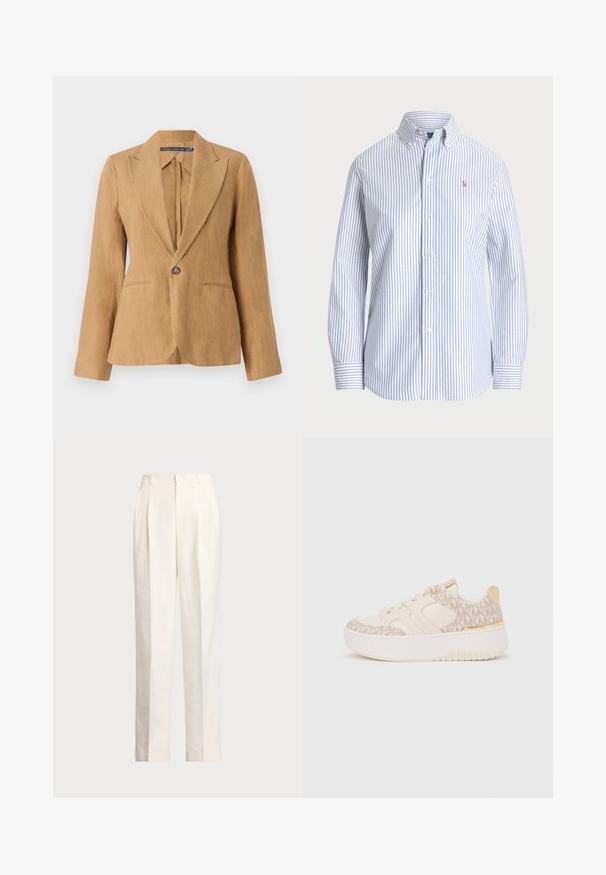 Bež laneni sako s pojedinačnim kopčanjem, uzdignutim reverima, dugim rukavima i dva prednja džepa. Tekstuirana tkanina i kroj koji prati liniju tela.; Prugasta srajca z gumbom v svetlo modri in beli barvi. Ima klasičen ovratnik, dolge rokave in majhen izšit logotip na prsih.; Polo Ralph Lauren HEMP WIDE LEG PANT - Hlače - nevis; Tenis v kremni barvi z dekorativnim vzorcem MK, kontrastnim belim podplatom in zlatimi poudarki. Ima teksturirano tkanino in ravne vezalke.
