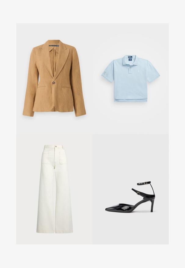 Karma dzeltena lina žakete ar vienu pogu, ar iedobēm, garām piedurknēm un divām priekšējām kabatām. Strukturēta audi un pielāgota silueta.; Gaiši zils polo krekls, kas izgatavots no kokvilnas. Ir apkakle, divu pogu aizdare un neliels logo uz krūtīm. Īsās piedurknes ar uzlīmi uz vienas no tām.; Platās kājas džinsi off-white denima. Augsta jostasvieta ar pogu aizdari, divas priekšējās kabatas un kontrastējošas šuvju detaļas.; Melnas lakuotas ādas apavus ar smailu purngalu, regulējamiem potīšu siksniņām un šahtu papēdi. Gluda tekstūra ar spīdīgu apdari.