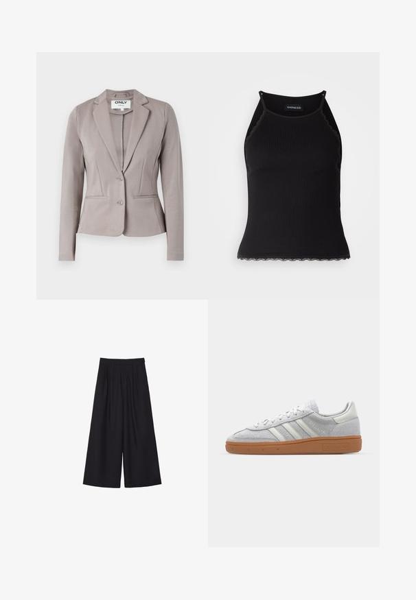 Blazer ajusté gris clair avec une coupe structurée, fermeture à un bouton et deux poches avant. Tissu lisse avec un léger éclat.; Débardeur noir à côtes avec une bordure en dentelle festonnée à l'ourlet. Présente des bretelles fines et une coupe ajustée. Fabriqué en tissu extensible.; Pantalons larges noirs avec des plis, fabriqués dans un tissu doux. Présentent une taille haute et une coupe épurée et ajustée.; Baskets en suède gris clair avec des accents en cuir blanc, trois rayures blanches et une semelle en caoutchouc marron, dotées d'un col rembourré pour plus de confort.