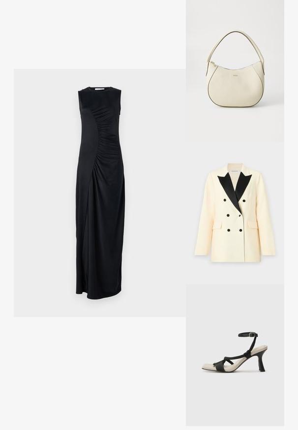 Doppelreiher-Blazer aus cremefarbenem Stoff mit schwarzen Satinrevers, ausgestattet mit schwarzen Knöpfen und zwei vorderen Taschen. Taillierte Passform mit strukturierten Schultern.; Schwarzes, ärmelloses Maxikleid mit drapiertem Seitendetail, aus glattem Stoff gefertigt; hat einen runden Ausschnitt und eine figurbetonte Silhouette.; Schwarze Absatzsandale mit geflochtenem Riemendesign, quadratischer Spitze und verstellbarem Knöchelriemen. Helle beigefarbene Sohle mit glänzendem schwarzen Absatz.; Cremfarbener Handtasche mit strukturiertem Finish, gebogener Form, kurzem Griff und Logo-Detail in Gold. Reißverschlussverschluss oben.