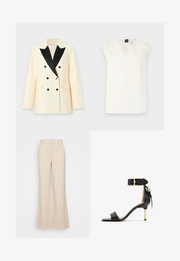 Dobbeltbrystet blazer i cremefarvet stof med sorte satinrevers, udstyret med sorte knapper og to forlommer. Skræddersyet pasform med strukturerede skuldre.; Creme V-hals top med korte ærmer, lavet af glat stof. Har en midterseam og delikate stikninger langs skulderærmerne.; Beige vidde bukser med en glat overflade, der har en høj talje og to forlommer. Renset design med en skræddersyet pasform.; Sort læder hæl sandal med firkantet tå, ankelrem med en guldbuckle og en slank metallisk hæl. Glat tekstur, minimalistisk design.