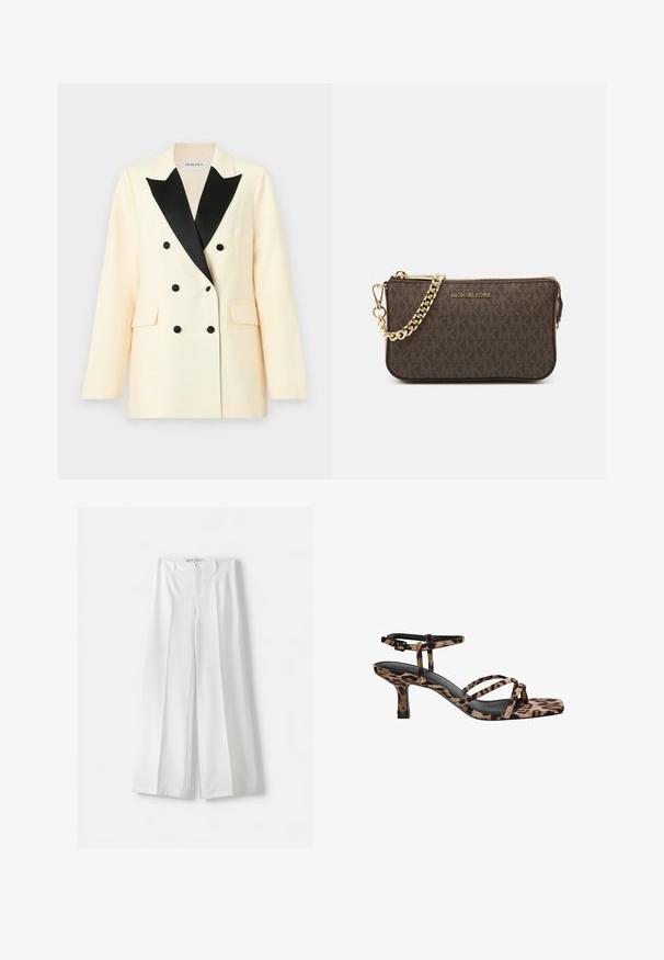 Dvojradový blazer v krémovej tkanine s čiernymi saténovými klopami, s čiernymi gombíkmi a dvoma prednými vreckami. Prispôsobený strih s vystuženými ramenami.; Dva bezšvové šály: jeden čierny a jeden biely. Obe sú vyrobené z mäkkej, elastickej látky a majú hladkú textúru bez vzorov.; Bershka WIDE-LEG TAILORED - Nohavice - white; Sandále na podpätku s leopardím vzorom, s hranatou špičkou, viacerými popruhmi a stredne vysokým podpätkom. Vyrobené z mäkkého textilného materiálu.; Hnedá kožená crossbody taška s logom, zlatým reťazcom, zipsovým uzáverom a zlatými prvkami. Kompaktnej a obdĺžnikovej forme.