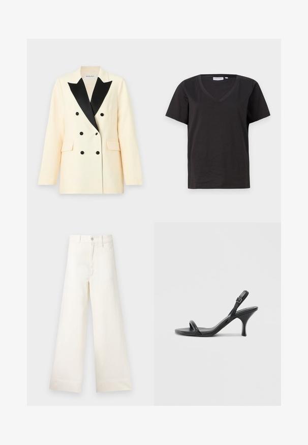 Blazer double boutonnage en tissu crème avec revers en satin noir, présentant des boutons noirs et deux poches avant. Coupe ajustée avec des épaules structurées.; T-shirt en coton noir avec un col en V et des manches courtes. Design simple avec une coupe régulière et sans motifs ni accents.; Pantalons large en coton beige clair. Dotés d'une taille haute, de poches latérales et d'une coupe droite. Finition ourlet propre sans motifs.; Sandales à talons hauts en cuir noir avec un talon fin et courbé et un design de brides croisées. Bride de cheville réglable. Texture lisse.