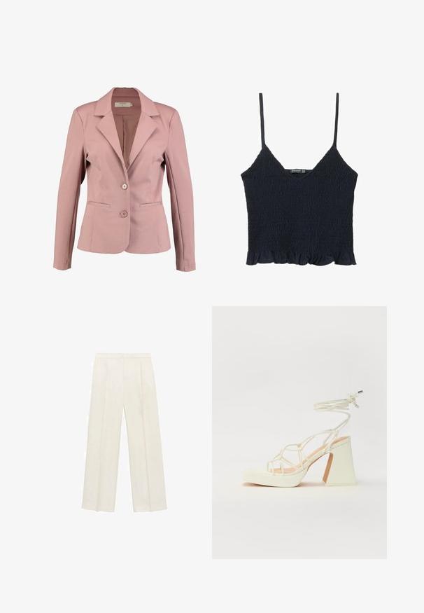 Svetlo roza blazer s ožjeblanim ovratnikom, enorednim dizajnom, dvema gumboma in dvema sprednjima žepoma. Gladek material z rahlim sijajem.; Temno modra, nabran zgornji del s kratkimi rokavi in tankimi nastavljivimi naramnicami ter nabranim robom. Iz lahkotnega materiala z teksturirano površino.; Hlače širokih nogavic v svetli kremni barvi. Narejene iz gladkega materiala s plitkimi naborki spredaj in stranskimi žepi.; Bela sandala na visokih petah s debelim petam, ki ima obliko trakcev in vezanje okoli gležnja. Gladka tekstura z platformo spredaj za dodatno višino.