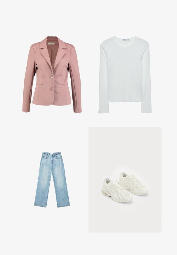 Svijetlo ružičasti sako s ispupčenim ovratnikom, jednostavnim zatvaranjem, dva gumba i dva prednja džepa. Glatka tkanina s blagim sjajem.; Bijela majica dugih rukava od rebrastog materijala s okruglim izrezom i ravnim donjim rubom. Jednostavan, jednoličan dizajn.; Svijetloplave široke traperice s visokim strukom, s izbljeđenim pranjem i malim, raštrkanim oštećenjima na cijeloj površini.; Bijele atletske cipele izrađene od mrežastih i sintetičkih materijala, s dizajnom na vezivanje, podstavljenim ovratnikom i teksturiranom potplatom za prijanjanje. Lagana konstrukcija.