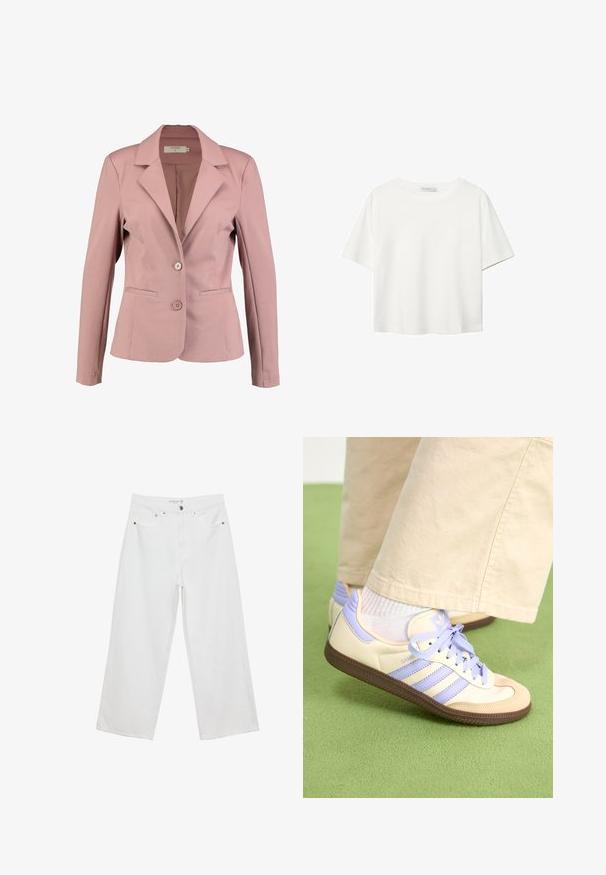 Ljust rosa kavaj med slagkrage, enknappsdesign, två knappar och två framfickor. Slät tyg med lätt lyster.; Vit t-shirt med kort ärm i bomull. Har en rundad halsringning och en avslappnad passform. Slät textur utan synliga mönster eller detaljer.; Vita vida jeans i denim med hög midja, med fem fickor och metalldetaljer. Slät textur, inga synliga mönster.; Krämfärgade och lavendelfärgade sneakers med tre ränder och en texturerad brun sula, med snören och en vadderad häl. Mjuk tygobero.