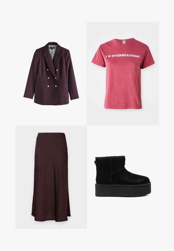Dubbelzijdige blazer van donkerpaarse stof, met goudkleurige knopen, gekartelde revers en twee voorzakken met klep. Gestreepte binnenvoering.; Bordeaux katoenen T-shirt met korte mouwen, voorzien van witte tekst die "I ♥ OVERREACTING" op de borst zegt. Eenvoudig ontwerp met ronde hals.; Bordeaux satijnen midi rok met een gladde textuur, een rechte pasvorm en een iets uitgevoerde zoom. Geen zichtbare patronen of hardwaredetails.; Zwarte suède enkellaarzen met een dikke platformzool en een zachte voering. Afgewerkt met stikselaccenten en een achterste looplip voor eenvoudig aan- en uittrekken.
