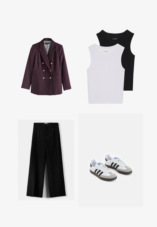 Sacou dublu în nuanță de purpuriu închis, cu nasturi aurii, rever decupat și două buzunare frontale cu clapetă. Interior căptușit cu dungi.; Două topuri fără mâneci, în alb și negru, fabricate din bumbac ribbed, având decolteuri rotunde și un design ajustat. Etichetele sunt vizibile pe ambele.; Pantaloni negri cu picior larg, fabricați dintr-un material ușor, cu închidere frontală cu nasture și față plată, având tivuri cusute cu atenție.; Încălțăminte sport cu un superior din piele albă, vârf din suede gri și trei dungi negre. Prezintă un logo albastru pe limbă și o talpă din cauciuc texturat.