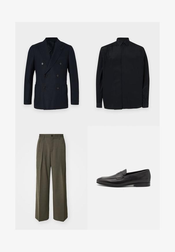 Dvojno zapet blazer temno mornarsko modre barve z teksturirano tkanino, štirimi sprednjimi gumbi, reverji in dvema stranskima žepoma. Klasičen kroj.; Črna dolgoseda majica iz gladkega blaga, s klasičnim ovratnikom, zapenjanjem z gumbi in udobnim krojem s prirezanimi rokavi.; Filippa K WIDE TROUSERS - Hlače - driftwood; Moški črni usnjeni loafer s nizkim peto in klasičnim penny trakom, prikazan v bočnem profilu na belem ozadju.