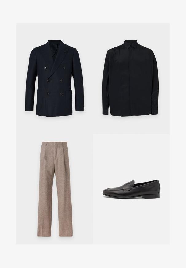 Blazer de marina oscuro de doble botonadura con tela texturizada, cuatro botones frontales, solapas de muesca y dos bolsillos laterales. Ajuste clásico a medida.; Camisa negra de manga larga hecha de tejido suave, con un cuello clásico, tapeta de botones y un corte relajado con mangas abotonadas.; Pantalones marrones de cintura alta hechos de una tela texturizada. Presentan piernas anchas y dos pliegues frontales para dar estructura. Acabado limpio sin hardware visible.; Mocasín negro de cuero para hombres con un tacón bajo y un diseño clásico de cinta para monedas, mostrado en perfil lateral sobre un fondo blanco.