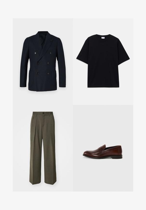 Dvojřadý tmavě námořnický blazer s texturovanou tkaninou, čtyři přední knoflíky, klopové límce a dvě postranní kapsy. Klasický střih.; Černé oversized tričko s krátkým rukávem, kulatým výstřihem a viditelnou značkou Filippa K uvnitř límce.; Filippa K WIDE TROUSERS - Kalhoty - driftwood; Hnědé kožené mokasíny s kulatou špičkou, detailním předním páskem a nízkým skládacím podpatkem. Hladká textura s minimálním ozdobným zdobením.