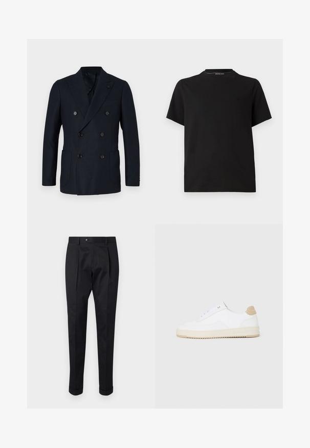 Mörk marinblå dubbelknäppt blazer med texturerat tyg, fyra framknappar, slagkrage och två sidofickor. Klassisk skräddarsydd passform.; Svart bomulls t-shirt med korta ärmar, rund halsringning och en subtil broderad logotyp på bröstet. Slät textur.; Svarta byxor i ett glatt tyg, med en veck fram, knappstängning och uppvikta nederkant vid anklarna.; Vita låga sneakers med en texturerad läderöverdel, krämfärgad räfflad sula och en beige häldetalj. Har vita snören och logotypdetalj på hälen.