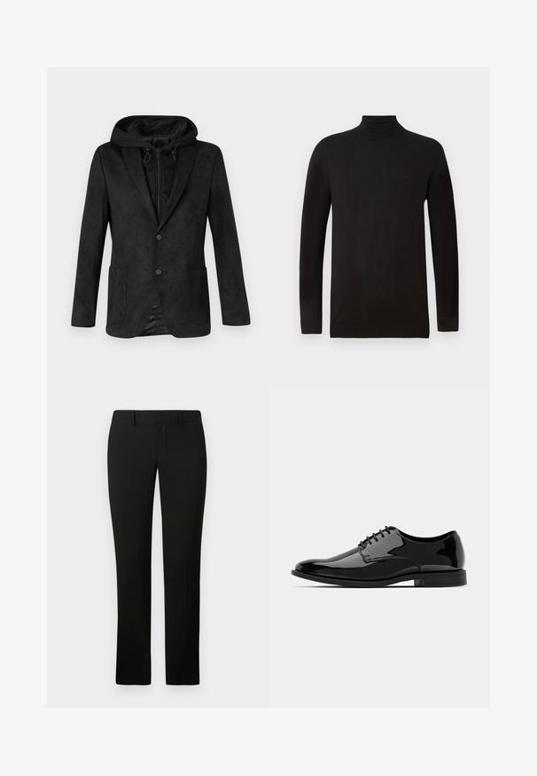 Casaco preto com capuz, apresentando uma textura suave semelhante a camurça, duas bolsos frontais e um fecho com um único botão, projetado para ser usado em camadas.; Suéter de gola alta preto em um tecido de malha suave. Apresenta mangas longas e um design ajustado com gola e barra caneladas. Branding minimalista.; Calças pretas com um corte ajustado, apresentando uma textura suave e um design de perna reta. A cintura possui passantes para cinto e um acabamento limpo.; Sapata de vestido em pele envernizada preta com biqueira arredondada, design com atacadores e superfície lisa e brilhante. Apresenta uma sola de borracha de perfil baixo.