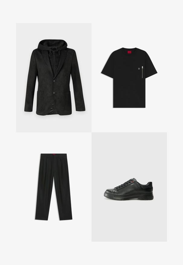 Black jacket with a hood, featuring a smooth, suede-like texture, two front pockets, and a single button closure, designed for layered wear.; Black T-shirt made of cotton, featuring a round neck, short sleeves, and a chest pocket with a silver zipper detail. Small logo on pocket.; Black trousers with a pleated design, wide leg shape, and a smooth texture. Features a red waistband tag.; Black leather sneaker with textured upper, padded collar, and red logo detail. Features a thick rubber sole with distinct tread pattern.