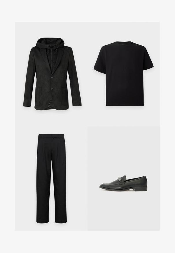 Black jacket with a hood, featuring a smooth, suede-like texture, two front pockets, and a single button closure, designed for layered wear.; Black short-sleeve T-shirt made of textured fabric, featuring a round neckline and a relaxed fit. Simple, no patterns or accents.; Black trousers made of smooth fabric, featuring a straight-leg design, two front pleats, and standard waistband with belt loops.; Black leather loafer with a smooth finish, featuring a stitched design and a decorative metal chain accent across the vamp. Flat heel.