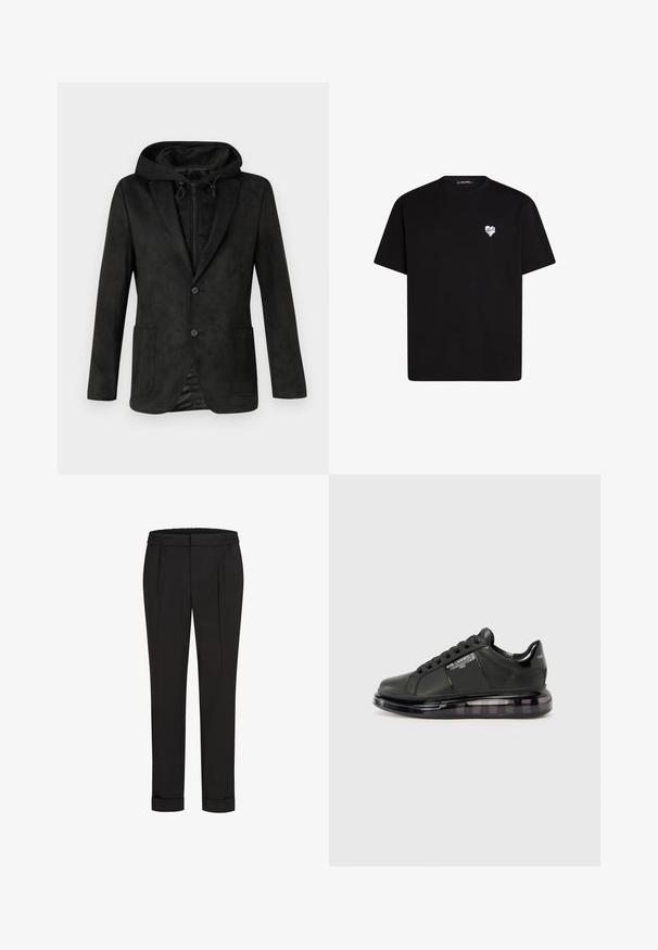 Čierna bunda s kapucňou, s hladkým, semišovým vzhľadom, dvoma prednými vreckami a jedným gombíkom na zapínanie, navrhnutá na vrstvené nosenie.; Čierne bavlnené tričko s krátkymi rukávmi, okrúhlym výstrihom a malou bielou srdiečkovou grafikou na ľavej hrudi.; Čierne nohavice s elastickým pásom, s rovnými nohavicami a prehnutými manžetami. Vyrobené z hladkej tkaniny bez vzorov.; Čierne tenisky s hladkým koženým vrchom, zaoblenou špičkou a dizajnom na šnurovanie. Sú vybavené priehľadnou, polstrovanou podrážkou s tmavým gradientom.