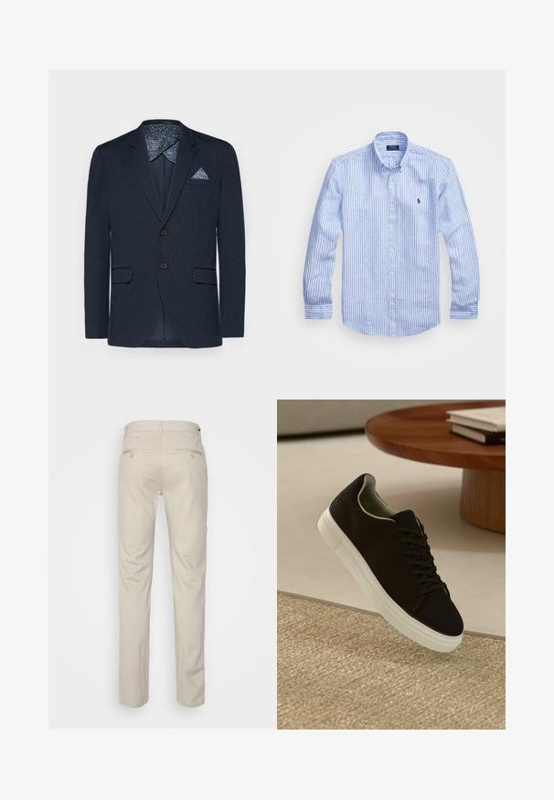Tamno plavi sako od strukturirane tkanine, s dva prednja džepa i smešnim dugmadi. Unutra se nalazi podstava s cvjetnim uzorkom i maramicom.; Plava i bijela prugasta košulja dugih rukava od pamuka, s ovratnikom na dugmad, prednjim dugmadi i malim izvezenim logom na prsima.; Bež hlače s glatkom teksturom, ravnog kroja, dva stražnja džepa s gumbima i standardnim pojasom.; Crna tenisica s bijelim potplatom koja lebdi iznad bež teksturiranog tepiha pored okruglog drvenog stola sa složenim knjigama.