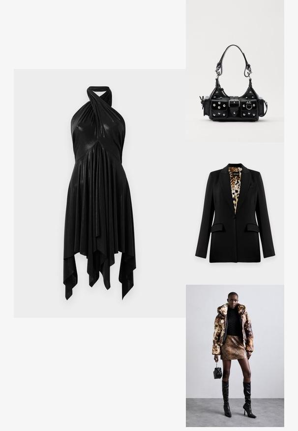 Black blazer with a tailored design, single button closure, two front pockets, and leopard print lining. Smooth fabric and structured shape.; Black halter dress with a draped design. Made of shiny material, featuring a twisted neckline and asymmetrical hem. Smooth texture.; Puffer jacket with a brown and black pattern, paired with a brown snake print mini skirt, black knee-high boots, and a small black bag.; Black leather handbag with a curved design, featuring silver studs, a buckle, and two side pockets. Adjustable strap for carrying options.
