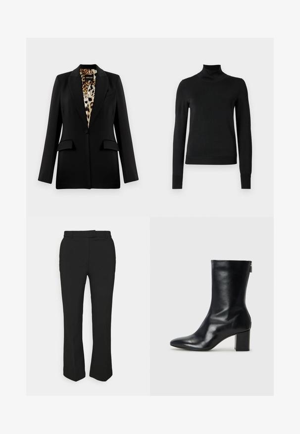 Blazer nero con design su misura, chiusura a un bottone, due tasche frontali e fodera in stampa leopardata. Tessuto morbido e forma strutturata.; Pullover nero a maniche lunghe con collo alto, rifinito con polsini e orlo a coste, mostrato su uno sfondo bianco semplice.; Pantaloni neri su misura con design a gamba dritta, dotati di passanti per cintura e tasche laterali. Realizzati in tessuto liscio con una finitura pulita.; Stivale alla caviglia in pelle nera con punta affusolata e tacco a blocco di 4 cm. Design elegante con cerniera laterale per una facile calzata. Tessuto liscio.