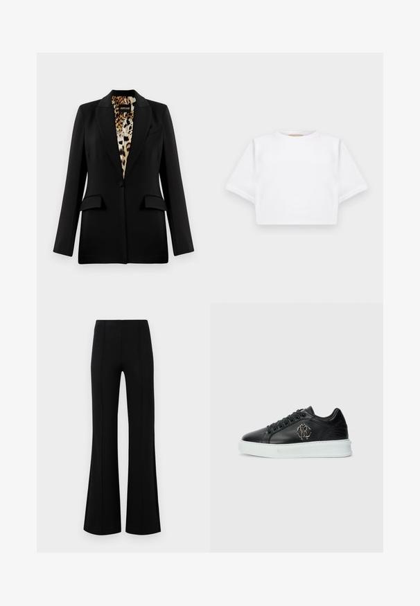 Blazer nero con design su misura, chiusura a un bottone, due tasche frontali e fodera in stampa leopardata. Tessuto morbido e forma strutturata.; T-shirt bianca cropped realizzata in tessuto morbido, con maniche corte, scollo rotondo e dettagli a costine sull'orlo. Design semplice e senza fronzoli.; Pantaloni neri a zampa d'elefante con vita alta, realizzati in tessuto elastico. Presentano dettagli di cucitura verticale nella parte anteriore e una texture liscia.; Sneaker in pelle nera con suola in gomma bianca, caratterizzate da un accento testurizzato nero sul tallone e un logo argentato sul lato.