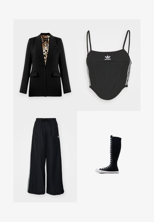 Black blazer with a tailored design, single button closure, two front pockets, and leopard print lining. Smooth fabric and structured shape.; Black ribbed crop top with adjustable thin straps, featuring three white stripes on the sides and a small white Adidas logo at the center.; Black wide-leg pants made from lightweight fabric. Features an elastic waistband with drawstring and white side stripes. Brand logo on hip.; Black high-top sneakers with a tall design, made of canvas. Feature white laces, stitching, and a rubber sole with a toe cap.