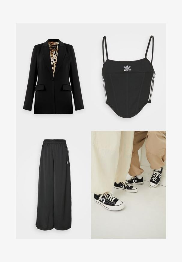 Črn blejzer s krojem po meri, enojnimi gumbi, dvema sprednjima žepoma in leopardskim vzorcem podloge. Gladek material in strukturiran videz.; Črn rebrast top s kratkimi rokavi in nastavljivimi tankimi naramnicami, ki ima tri bele črte na straneh in majhen bel Adidasov logotip na sredini.; Črne proste trenirke iz gladkega materiala. Imajo elastičen pas in stranske črte z logotipom.; Črne platnene superge z belimi gumijastimi podplati, ki imajo bele zvezdaste akcentne dodatke in črne vezalke, v kombinaciji s svetlo bež in kremnimi hlačami.