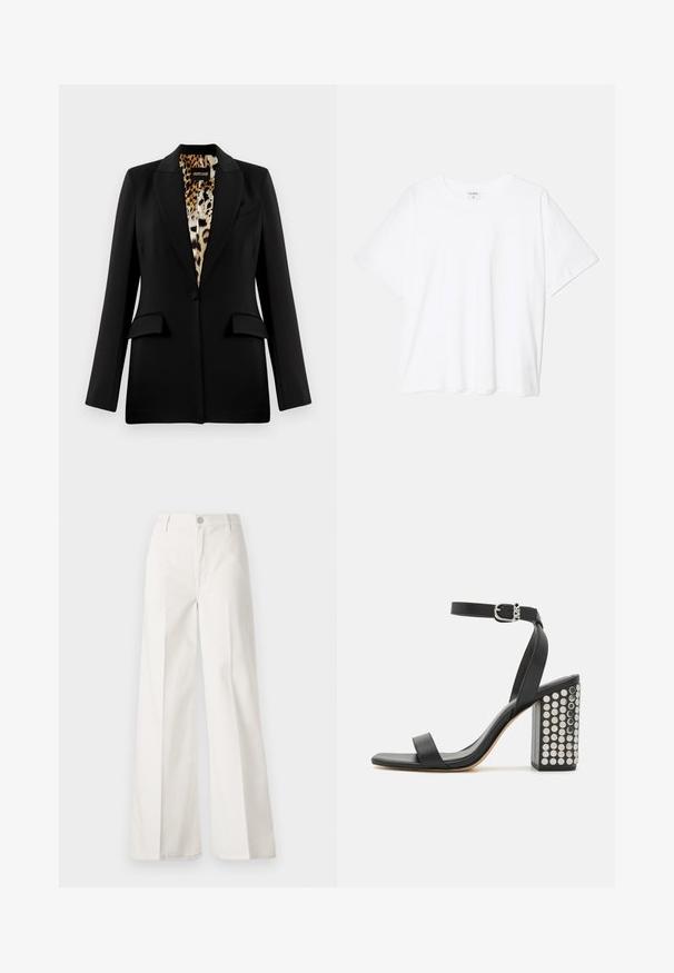 Černý blazer s přizpůsobeným designem, zapínání na jeden knoflík, dvě přední kapsy a leopardí podšívku. Hladká tkanina a strukturovaný tvar.; Bílý bavlněný tričko s krátkým rukávem, kulatým výstřihem, volným střihem a šitým lemem. Nálepka viditelná na vnitřní straně výstřihu.; Bílé volné kalhoty vyrobené z bavlny s hladkou texturou. Obsahují přední knoflík, zip a design se čtyřmi kapsami.; Černé kožené sandály na podpatku s páskem kolem kotníku. Mají čtveratou špičku, hladký povrch a čtvercový blokový podpatek zdobený stříbrnými hroty.