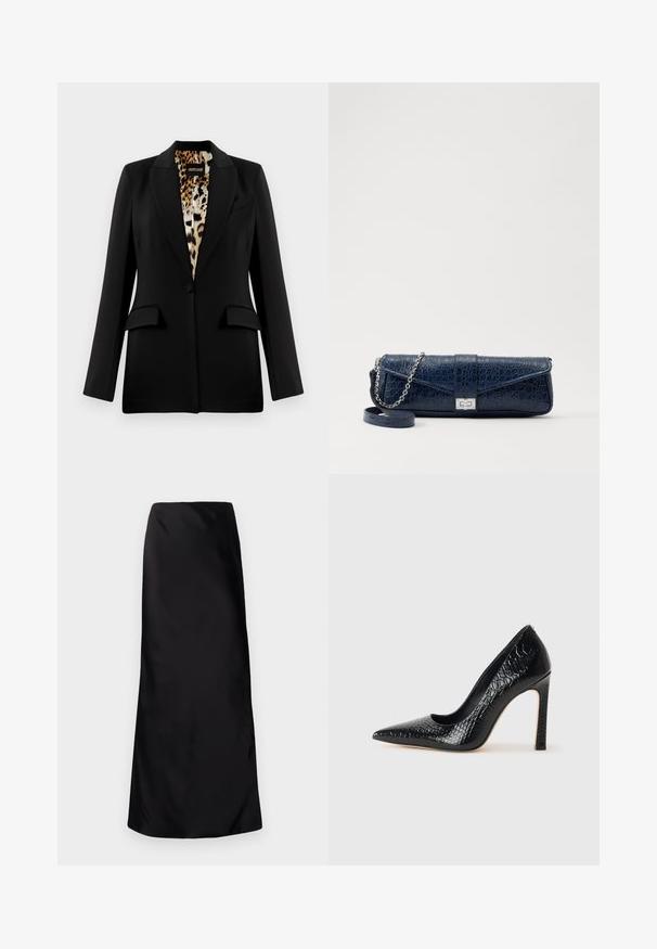 Must õhuline must bleiser on kohandatud disainiga, ühe nööbiga kinnitamine, kaks eesmist taskut ja leopardimustriga vooder. Sile kangas ja struktureeritud kuju.; Valge pika varrukaga bodysuit sügava kaelusega ja klõpsuga kroonis, esitatud lihtsal valgel taustal.; Norma Kamali BIAS OBIE SKIRT - Maksiseelik - black; Mustan teravaotsaga kõrge kontsaga king, millel on krokodillimustriga tekstuur, stiilne disain, kõrge stilettokonts ja sile must sisesisustus.; Tumehall nahast klamber krokodillitekstuuriga, hõbedane kettrihm ja metallist lukk. Ruutuline kuju volditava disainiga.