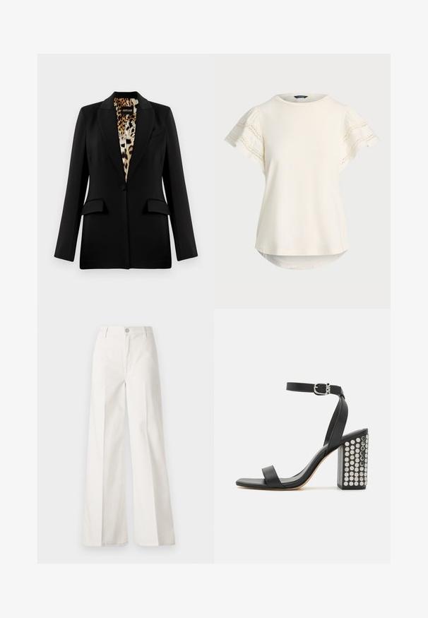 Mustapuku, jossa on räätälöity muotoilu, nappikiinnitys, kaksi etutaskua ja leopardikuvioinen vuori. Tasainen kangas ja jämäkkä muoto.; Vaalea kerma lyhythihainen paita, jossa on pitsiyksityiskohtia hihoissa, pyöreä pääntie ja hieman kaareva helma rentoa istuvuutta varten. Pehmeä kangastunne.; Valkoiset leveälahkeiset housut, jotka on valmistettu puuvillasta ja joissa on sileä rakenne. Ominaisuuksiin kuuluvat etupainike, vetoketjuluukku ja neljän taskun muotoilu.; Musta nahkainen korkokenkä, jossa on nilkkaremmi. Kuvastaa neliönmuotoista varvasta, sileää pintaa ja neliönmuotoista paksua korkoa, joka on koristeltu hopeisilla niiteillä.