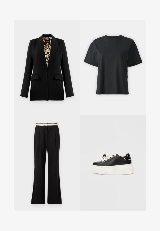 Zwarte blazer met een op maat ontworpen snit, enkele knoopsluiting, twee frontzakken en leoplprint voering. Glad stof en gestructureerde vorm.; Zwarte katoenen t-shirt met korte mouwen, ontspannen pasvorm en contrasterend zijpaneel met kleine tekst en ontwerpelementen.; Zwarte broek met een ontspannen pasvorm, voorzien van een witte elastische tailleband met branding. Gemaakt van een gladde stof met een subtiele glans.; Zwarte leren sneaker met een dikke witte geribbelde zool, voorzien van witte veters en een decoratieve strikaccent op de tong.