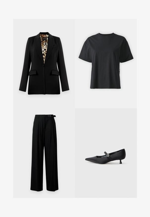 Crni blejzer s krojenjem, zatvaranje na jedan gumb, dva prednja džepa i postava s leopard uzorkom. Glatka tkanina i strukturalni oblik.; Crna pamučna majica kratkih rukava s opuštenim krojem i kontrastnim bočnim panelom koji sadrži sitan tekst i detalje dizajna.; Crne široke hlače s visokim strukom, nabranima sprijeda i remenom s kopčom. Izrađene od glatkog, laganog materijala.; Crne satenske cipele s uskim vrhom, niskom kitten petom i bočnom trakom koja ima okrugli srebrni ukras. Glatka tekstura, elegantan dizajn.
