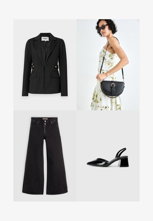 Blazer preto feito de tecido elástico, apresentando um colarinho recortado, dois bolsos frontais e detalhes em botão dourado nas laterais.; Camisa branca de colarinho com mangas curtas em balão, frente com botões e textura de tecido suave. Barra reta sem padrões ou acentos visíveis.; Calças de ganga de perna larga em denim preto com fecho éclair à frente, design de cinco bolsos e detalhes de costura subtil. Textura suave e estilo casual.; Sandy em verniz preto com salto slingback, ponta afilada e salto geométrico. Apresenta um design elegante e minimalista com textura suave.; Bolsa de couro preta com forma curva, alça destacável e detalhes em dourado. A bolsa possui uma aba com detalhe de fivela.