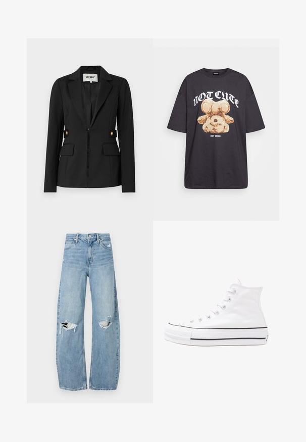 Fekete blézer stretch anyagból, kivágott gallérral, két elülső zsebbel és arany gombdíszekkel az oldalon.; Fekete, oversized póló, rajta egy medvével és a "NEM CUKI, HANEM FÉKTELEN" felirattal vastag, fehér betűkkel. Pamut anyag.; Világoskék, magas derekú farmernadrág. Széles lábakkal, két szakadt térddel és klasszikus öt zsebes dizájnnal rendelkezik.; Fehér magaskorsó vászon sportcipő fekete gumi talppal, elülső gumi orrnyereggel és hat fűzőlyukkal, letisztult, minimalista dizájnnal.