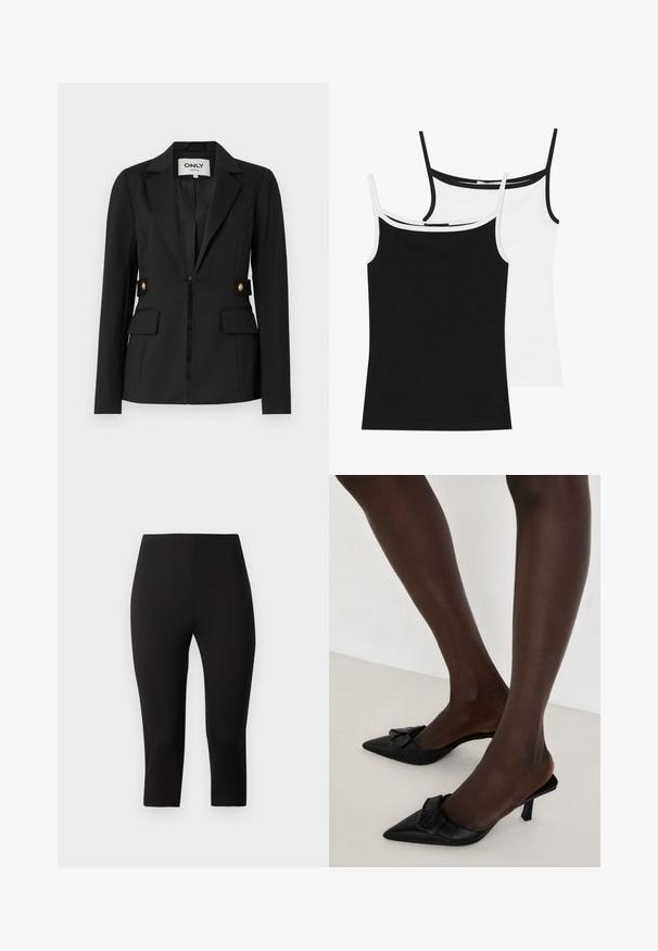 Mustkunst, mis on valmistatud venivast kangast, millel on sisselõigatud krae, kaks esist pocketit ja kullatud nööpide aktsendid külgedel.; Kaks kampsunit: üks must ja üks valge. Mõlemal on õhukesed rihmad ja kontrastne ääris kaeluse ümber. Valmistatud siledast, venivast kangast.; Kõrge vöökoht mustade retuuside, lühikese pikkusega, valmistatud elastsetest materjalidest, sileda tekstuuriga, ilma nähtavate mustrite või riistade detailideta.; Mustade terava ninaga mulluud, mis on valmistatud sujuvast nahast, kaunites kaarekesega vöö peal ning lühikese, peenikese kontsaga.