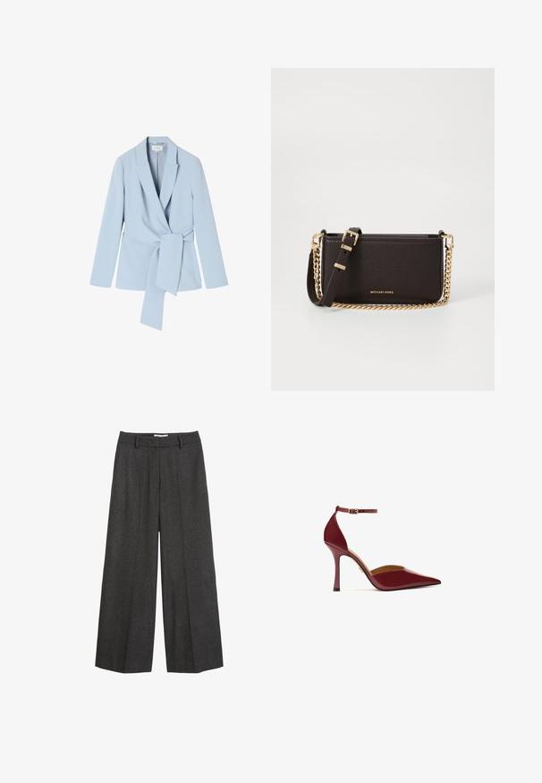 Sacou bleu deschis realizat dintr-un material neted, având guler tip șal, mâneci lungi și un detaliu la talie cu șnur pentru un aspect ajustat.; Cămașă albă, cu guler structurat și mâneci lungi, cu hem rotunjit. Fabricată dintr-un material solid, neted, fără modele sau accente vizibile.; Pantaloni cu picioare largi dintr-un material gri închis. Prezentă un brâu ajustat cu bucle pentru curea, textură netedă și accente de cusătură minime.; Pantofi cu toc înalt de culoare burgundă, cu un finisaj lucios, vârf ascuțit, curea la gleznă cu un cataramă aurie și un toc stiletto subțire.; MICHAEL Michael Kors BRYANT SM XBODY POUCHETTE - Geantă crossbody - chocolate
