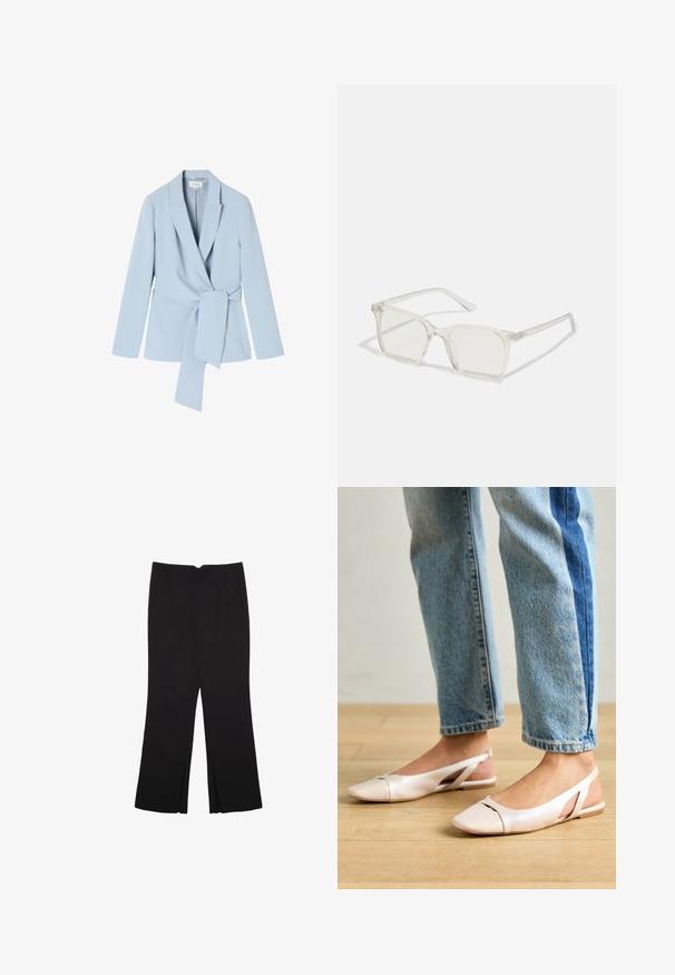 Svetlo modra blazer jakna iz gladkega blaga, z šalom ovratnikom, dolgimi rokavi in detajlom z vezanjem v pasu za prilegajoč videz.; Bela majica s kratkimi rokavi in širokim ovratnikom ter teksturiranim rebrastim vzorcem, izdelana iz mehke tkanine, z udobnim krojem in čistim dizajnom.; Črne hlače ravnega kroja z naglavnimi žepi in stranskimi razporki na robu. Narejene iz mehke, gladke tkanine. Primerne za različne priložnosti.; Svijetloružičaste slingback balerinke s šiljastim nožnim prstima, napravljene od glatkog materijala nalik koži. Imaju izrezane detalje sa strane i ravne pete.; Prozorne kvadratne plastične očala s prozornimi lečami, ki imajo zlato dekoracijo na ročajih za dodaten pridih podrobnosti.