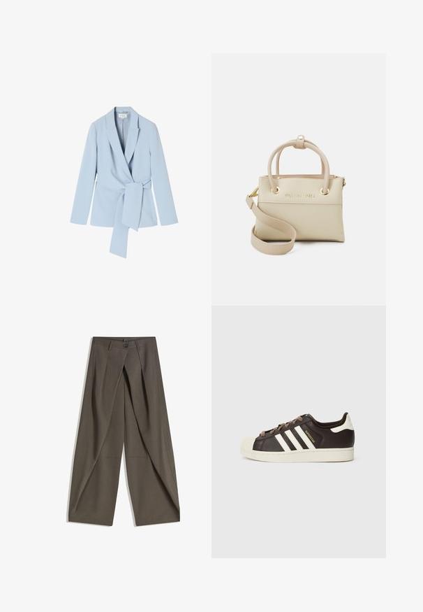 Svetlo modra blazer jakna iz gladkega blaga, z šalom ovratnikom, dolgimi rokavi in detajlom z vezanjem v pasu za prilegajoč videz.; Rjava rebrasta kratka majica s nekoliko ukrivljenim robom. Mehka tekstura in sproščen fit, z okroglo izreznico in minimalnimi šivi.; Široke hlače iz teksturiranega temno sive tkanine. Imajo sprednji zarezan, gumb za zapiranje in stranske žepe za praktičnost.; Nizki adidas Superstar copat iz temno rjavega usnja s kremasto školjkasto konico, belimi črtami in napisom "Superstar" na strani.; Bež torba iz usnja z zgornjimi ročaji, nastavljivim trakom, detajlom logotipa in zlatim okovjem. Gladka tekstura in strukturirana oblika.