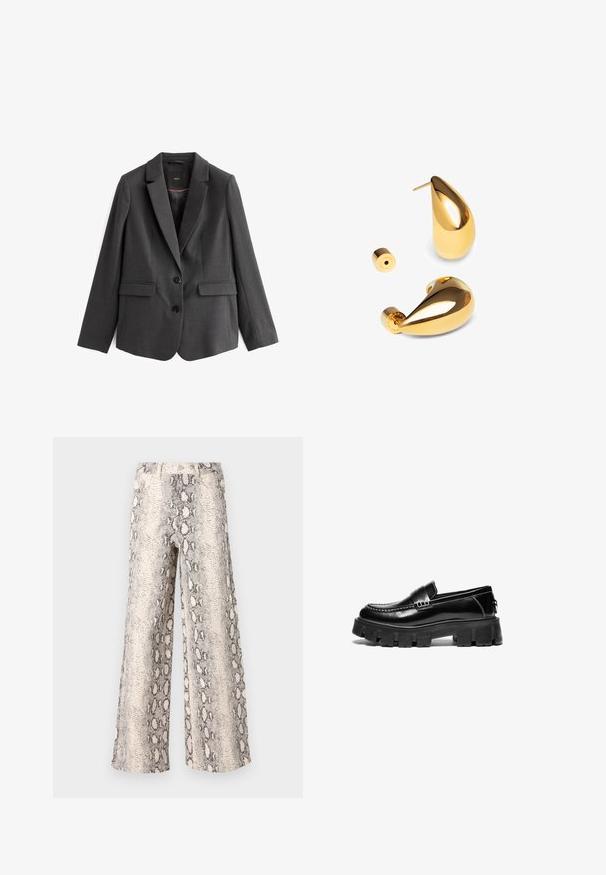 Mørkegrå blazer, en brystknap, med en lille krave, to frontlommer, to sorte knapper og glat tekstureret stof. Fodret inderside.; Sort langærmet T-shirt lavet af blød stof. Har en bred rund halsudskæring og en løs pasform med lige kant. Ingen synlige mønstre eller detaljer.; Videbenede bukser i et slangeskindsmønster med en farveskala i creme og grå, lavet af struktureret stof med høj talje.; Sorte læder loafers med kraftig gummisål, dekorativ strop over vristen og kontrasterende hvid syning. Glat tekstur med rund tå.; Singularu DROP - Øreringe - gold-coloured