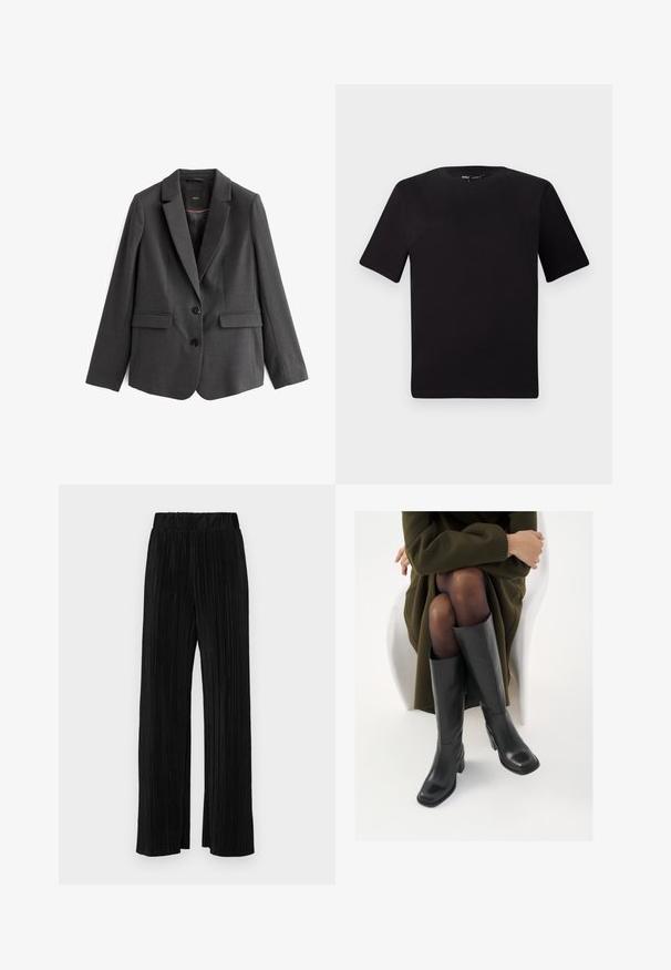 Tumši pelēks bleizeris, vienkrūšu, ar izgrieztu apmalīti, divām priekšējām kabatām, divām melnām pogām un gludu faktūru. Oderēta iekšpuse.; Melnas īsām piedurknēm T-krekls ar apaļu kakla izgriezumu, izgatavots no mīksta kokvilnas auduma. Vienkāršs dizains, bez redzamām logo vai rakstiem.; Melni plīšu bikses ar elastīgu jostu. Tām ir platākas kājas un gluda, teksturēta auduma ar vertikālām svītrām.; Ceļgalu augstuma melni ādas zābaki ar kvadrātu purngalu un bloku papēdi, attēloti modelī, kurš sēž olīvu zaļā mētelī. Gluda tekstūra, minimāla apdare.