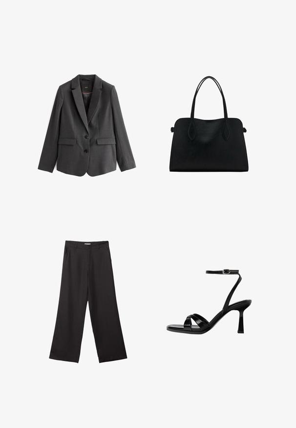 Dark gray blazer, single-breasted, with a notched lapel, two front pockets, two black buttons, and smooth textured fabric. Lined interior.; Black crew-neck t-shirt made of soft cotton. Short sleeves, relaxed fit, and straight hem with no embellishments or patterns.; Black wide-leg trousers made of smooth fabric, featuring a front zipper and two side pockets, with a tailored fit and minimalistic design.; Black strappy high-heeled sandals with a square toe, smooth synthetic material, ankle strap with a silver-tone buckle, and a sculpted heel.; Black leather handbag with dual shoulder straps, rectangular shape, and minimalistic design on a white background.