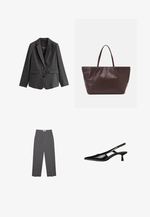 Tmavě šedý blazer, jednobřežný, s klopou, dvěma předními kapsami, dvěma černými knoflíky a hladkou texturou látky. Podšitý interiér.; Bílý krátký rukáv tričko vyrobené z bavlny. Má kulatý výstřih a volný střih. Hladký materiál bez viditelných vzorů nebo akcentů.; Šedé rovné kalhoty vyrobené z texturované tkaniny, s mírně zvýšeným pasem, poutky na opasek a bočními kapsami. Bez viditelných vzorů nebo akcentů.; Černé lakované lodičky na podpatku se špičatou špičkou, výřezovým designem na boku a malým čtvercovým podpatkem. Hladká textura s minimálními akcenty.; Hnědá tkaná kožená taška přes rameno s dvěma madly, strukturovaným tvarem a texturovaným povrchem, s diamantovým vzorem po celém povrchu.