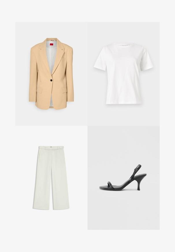 HUGO AGURA - Halflange jas - open beige; Witte katoenen t-shirt met korte mouwen, ronde halslijn en een ontspannen pasvorm. Gladde textuur, geen patronen of accenten, minimalistisch ontwerp.; Wijde broek in licht crèmekleurige stof, met zijzakken, een platte voorkant en een enkele knoopsluiting bij de taille. Glad van textuur.; Zwarte leren sandalen met hoge hakken, een slanke, gebogen hak en een gekruist bandontwerp. Verstelbare enkelband. Soepele textuur.