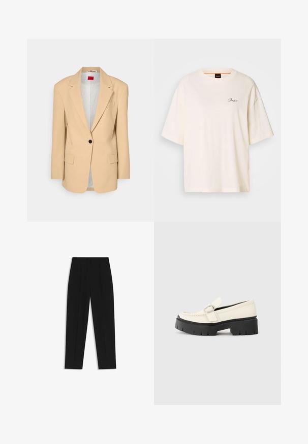 HUGO AGURA - Halflange jas - open beige; Witte oversized T-shirt van zachte stof, met een ronde hals en korte mouwen, voorzien van een klein zwart "Boss" logo op de voorkant.; Zwarte broeken met een rechte pasvorm, voorzien van dubbele plooien, een zachte textuur en een klassiek taillebandontwerp. Geen zichtbare hardware of accenten.; Witte leren loafer met een stevige zwarte plateauzool, voorzien van een rechthoekige zilveren gesp en zichtbare stiksels op de bovenkant.