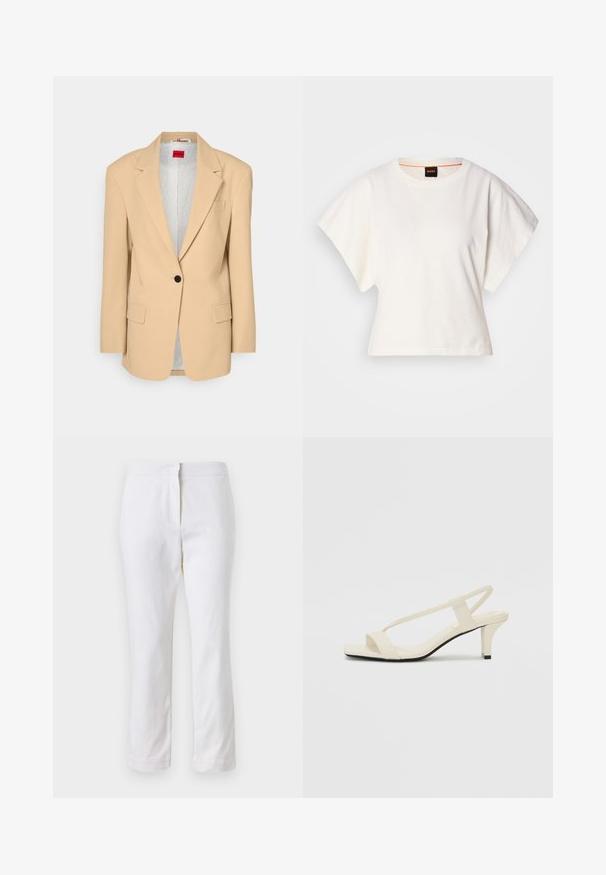 HUGO AGURA - Kratki kaputi - open beige; Bijeli skraćeni T-shirt, široke kratke rukave, mekani pamučni materijal, okrugli izrez s suptilnim narančastim detaljem, minimalistički dizajn, bez uzoraka ili grafika.; Bijele pamučne hlače ravnog kroja, sa strukom srednje visine i bez vidljivih metalnih dijelova ili uzoraka. Glatka tekstura kroz cijelu dužinu.; Bež sandale na blok petu s tankim remenčićima i kvadratnim vrhom. Glatki materijal s minimalnim detaljima, dizajnirane za jednostavno nošenje.