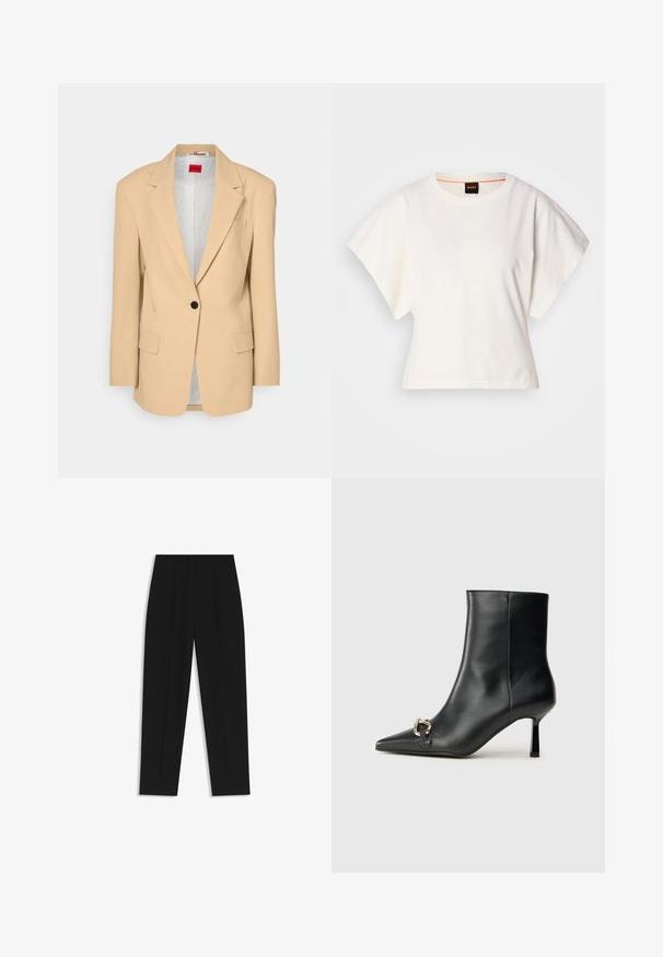 HUGO AGURA - Kurzmantel - open beige; Weißes, kurzes T-Shirt, kurze weite Ärmel, weicher Baumwollstoff, runder Ausschnitt mit subtilen orangefarbenen Akzenten, minimales Design, keine Muster oder Grafiken.; Schwarze Hose mit geradem Schnitt, doppelten Falten, einer glatten Textur und einem klassischen Bunddesign. Keine sichtbaren Beschläge oder Akzente.; Schwarze Leder-Stiefelette mit spitzer Zehe, schlankem, mittelhohem Absatz und silberner Schnalle seitlich vor einem schlichten Hintergrund.