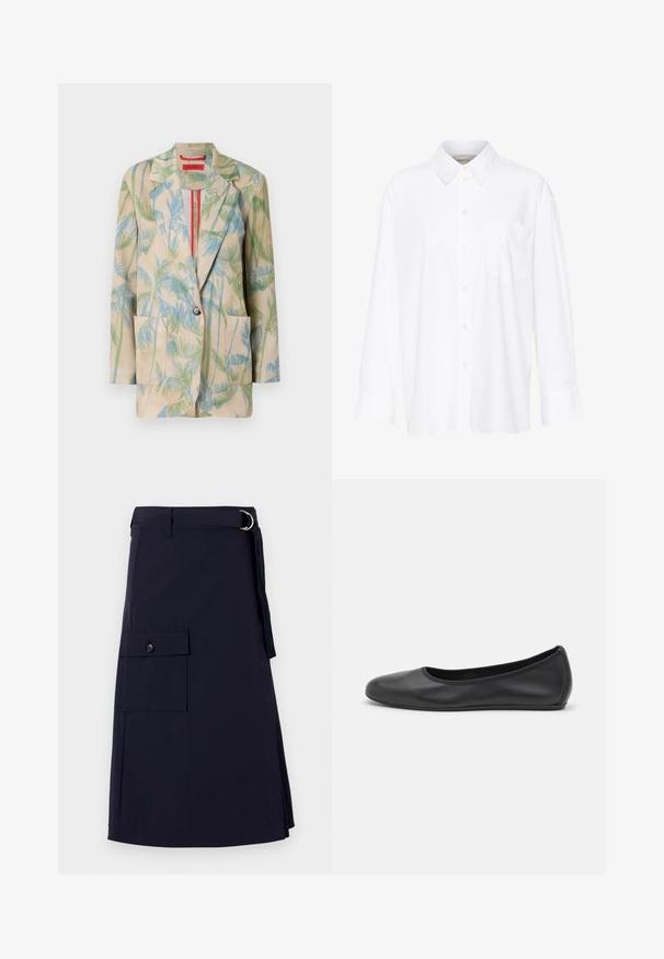 Lichtgewicht beige blazer met groene en blauwe palmbladpatronen, éénknops sluiting en twee voorkruiszakken. Voering met een rode accent.; Witte lange mouwen overhemd met kraag van katoen. Voorzien van een knoopsluiting aan de voorkant en een enkele borstzak. Een gladde textuur en een ontspannen pasvorm.; Navyblauwe rok met een gestructureerd ontwerp, voorzien van een zijvak en een metalen D-ring als accent. Gemaakt van duurzaam materiaal.; Zwarte leren ballerina met een ronde neus, gladde textuur, minimale stikdetails en een flexibele zoolontwerp.